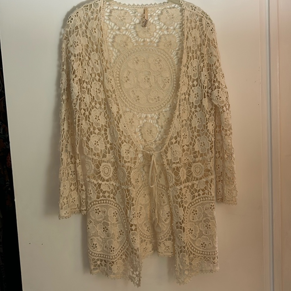 Elan Bohemian Crochet Tie Front Cardigan